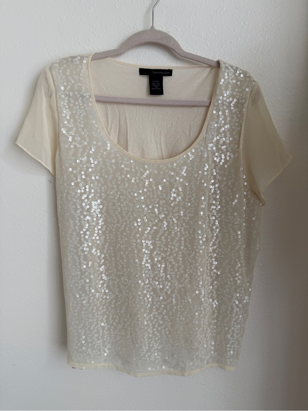 Calvin Klein Jeans Cream Sequin Short Sleeve Scoop Neck Top